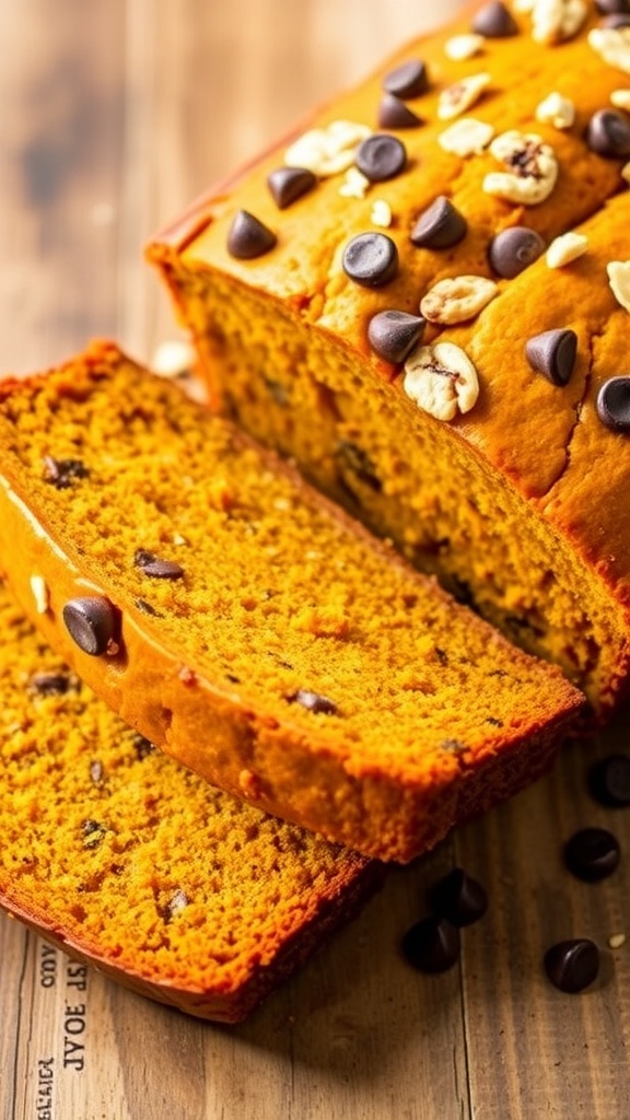 Sliced vegan protein pumpkin bread with nuts and chocolate chips on a wooden table.